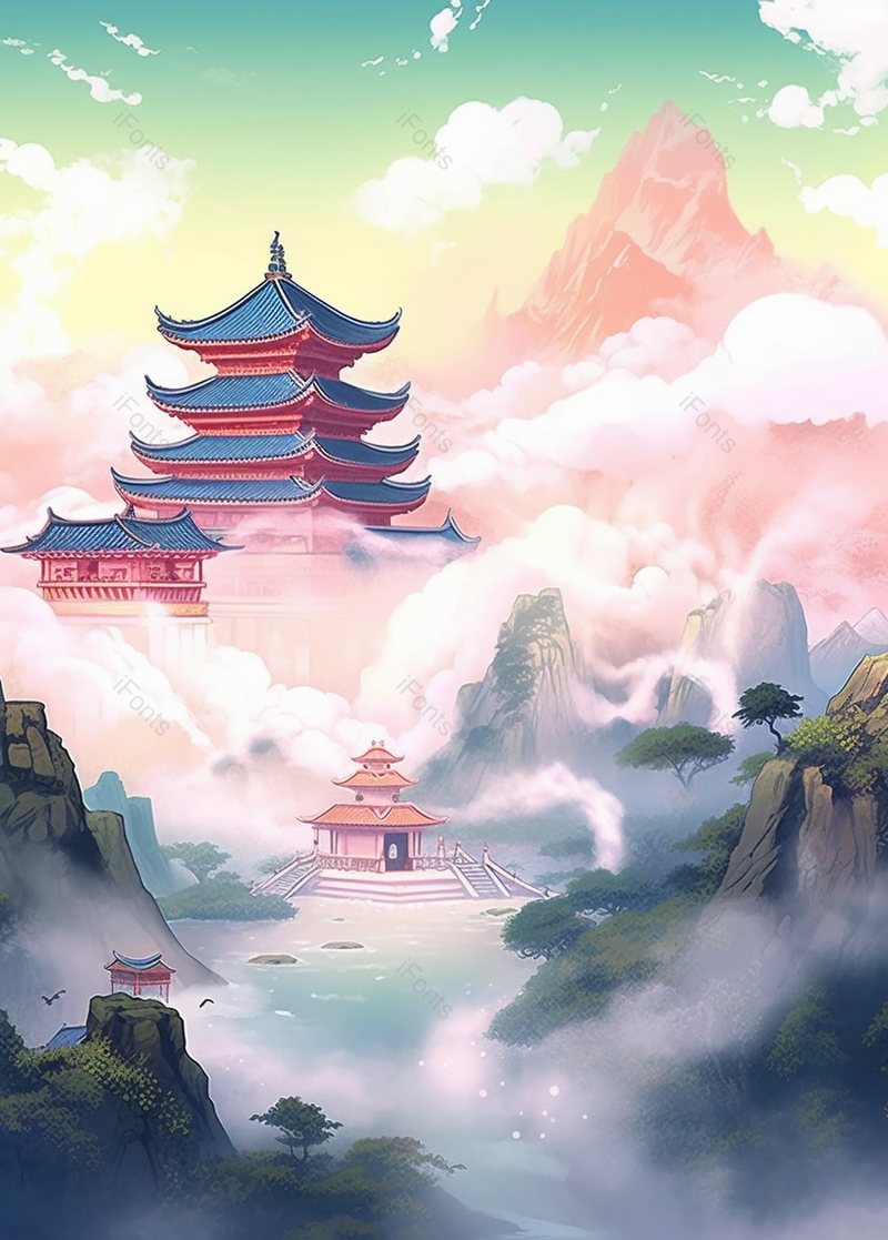 新中式国潮庭院渐变背景插画,插画/手绘图,插画/手绘图库,插画/手绘图下载,插画/手绘